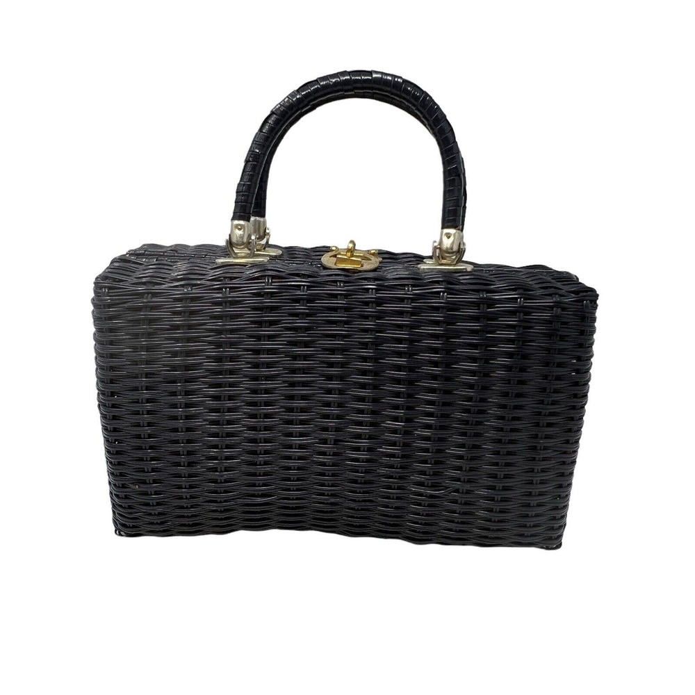 Vintage Lesco Lona Wicker Box Basket Style Navy Patent & Brass Handbag Purse